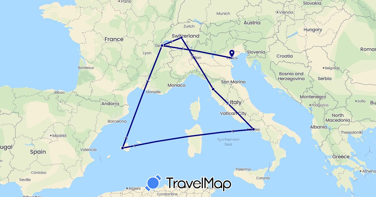 TravelMap itinerary: driving in Switzerland, Spain, Italy (Europe)